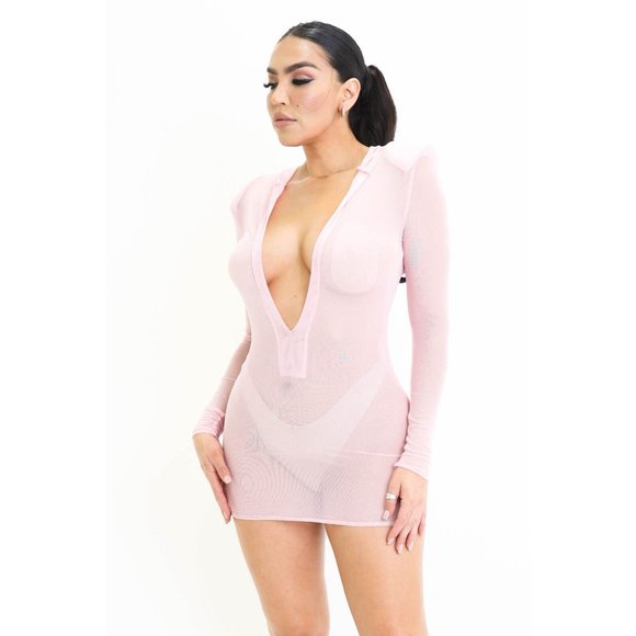 Women's Casual Deep V-Neck Hooded Mesh Cover-Up Long Sleeve Mini Dress S, M, L - Picture 12 of 12